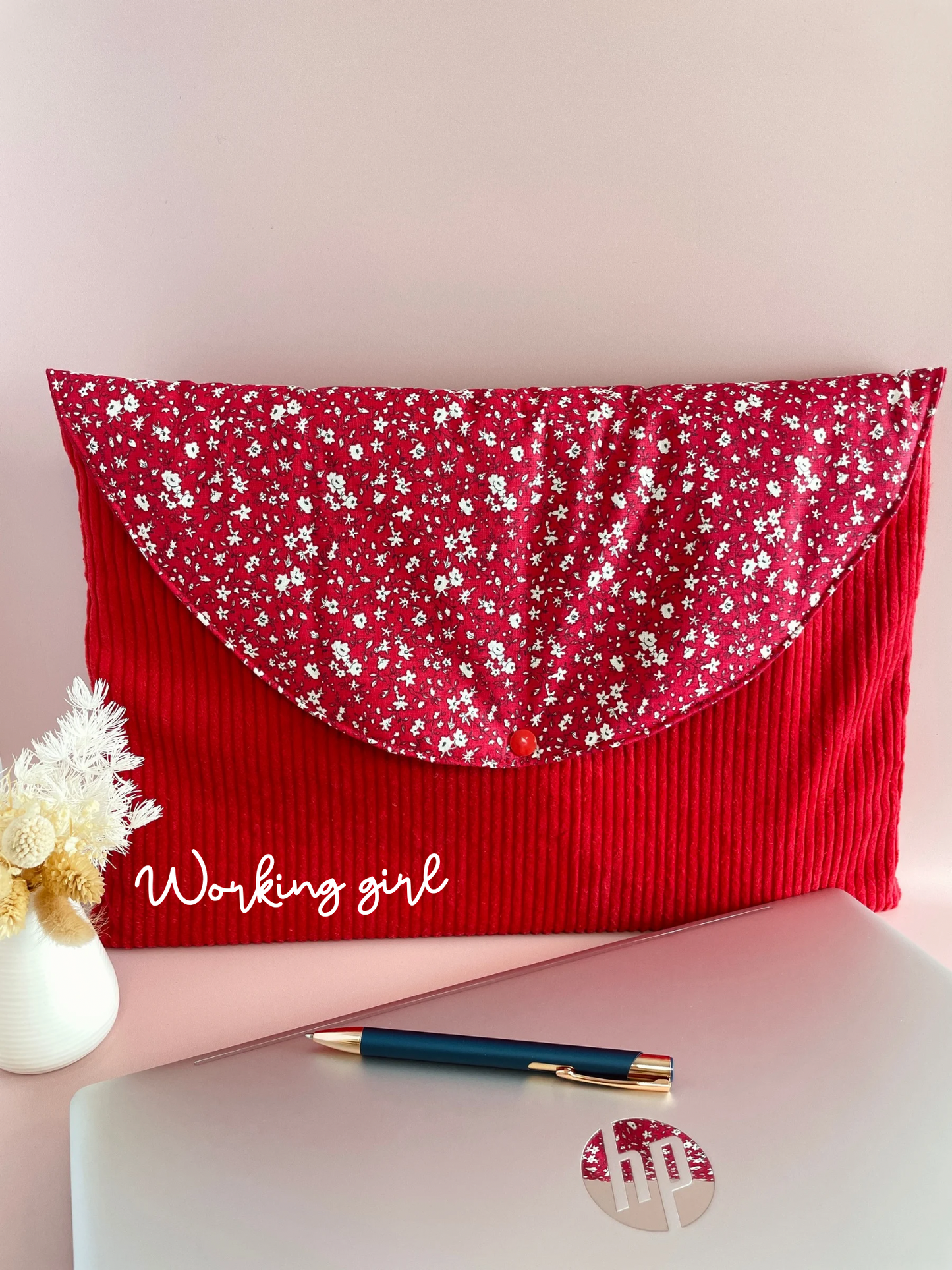 Pochette ordinateur PC rouge et fleurs