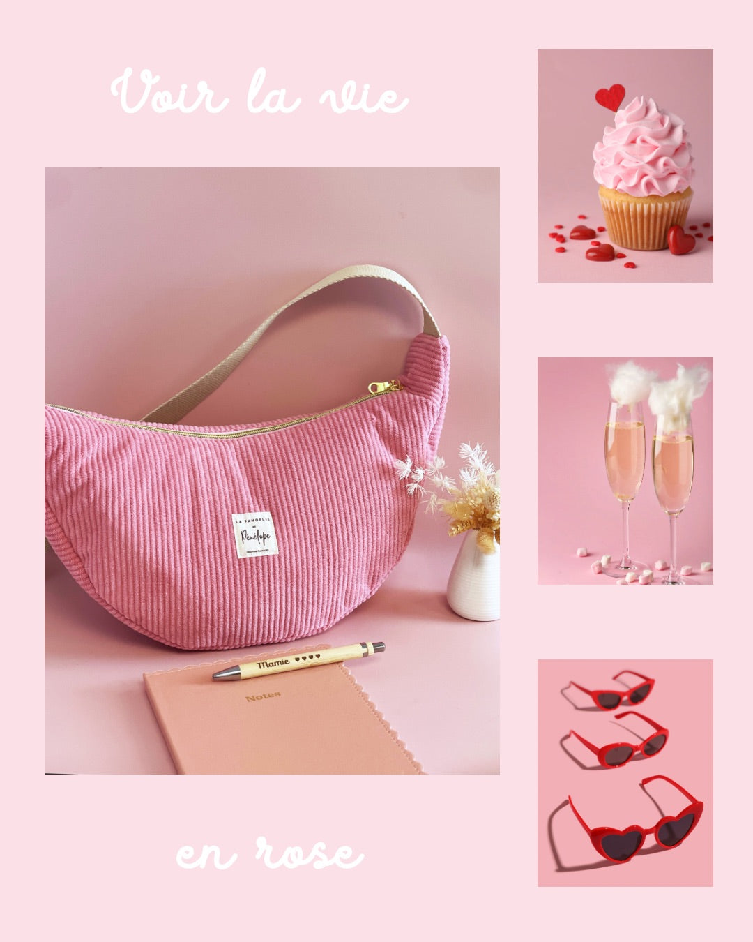 Sac demi lune velours rose clair