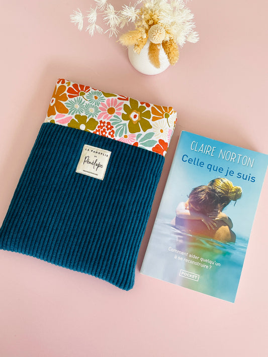 Pochette à livre molletonnée velours bleu canard