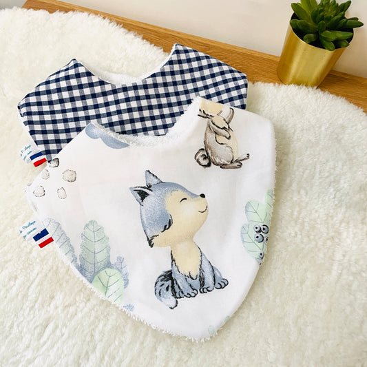 Duo de bavoirs avec prénom vichy bleu