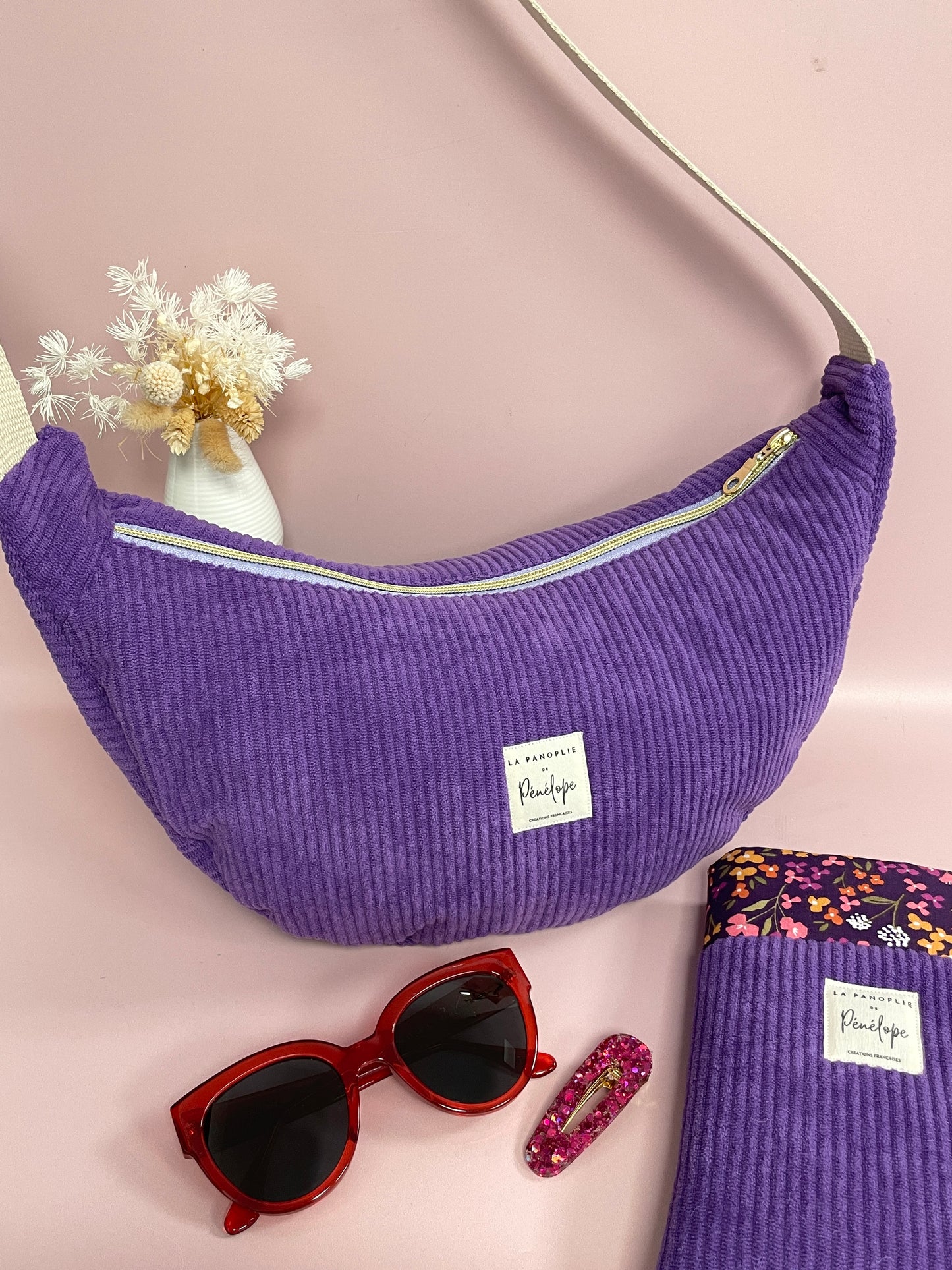 Sac demi lune en velours violet