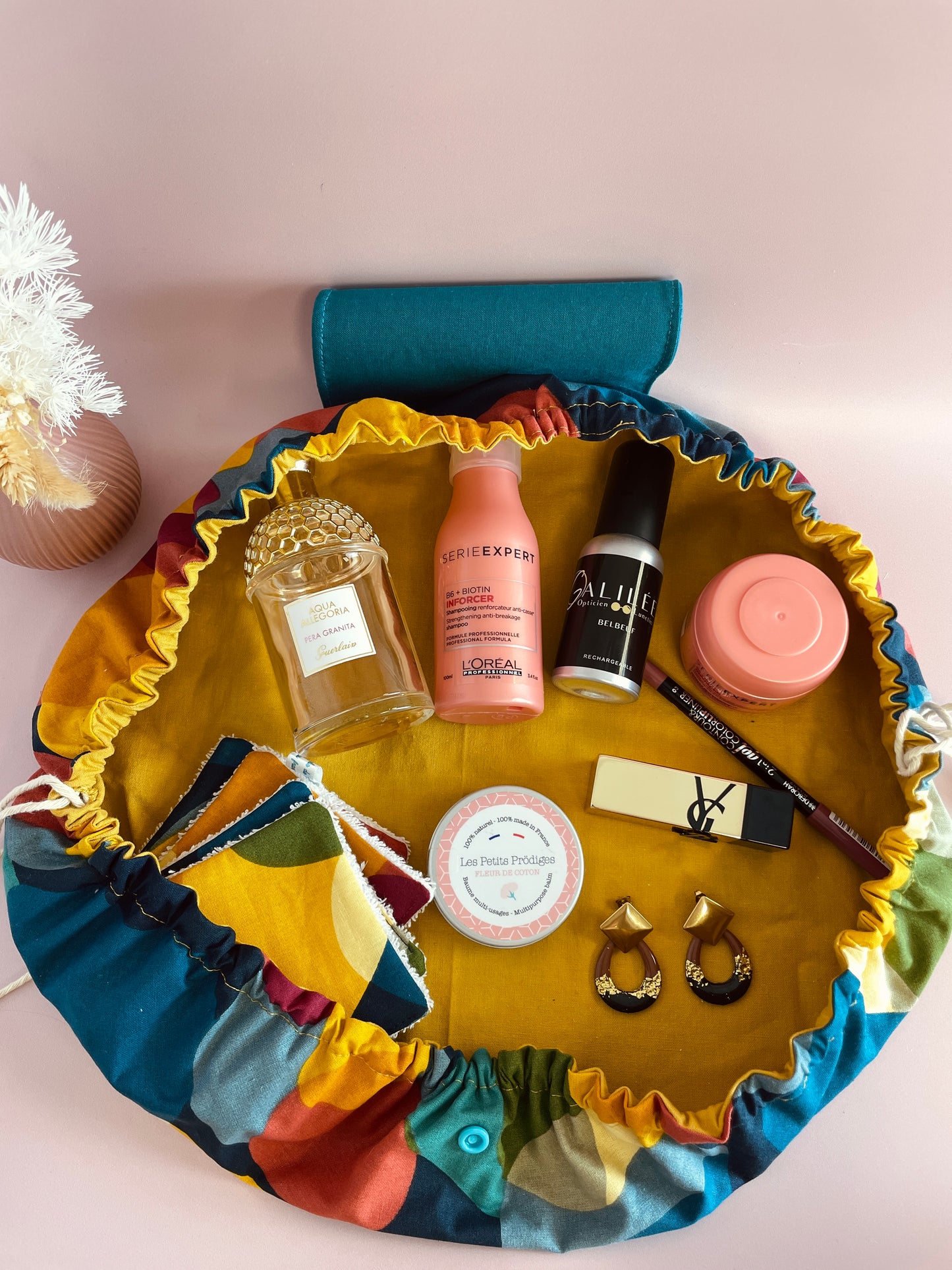 Trousse bourse bleu et moutarde