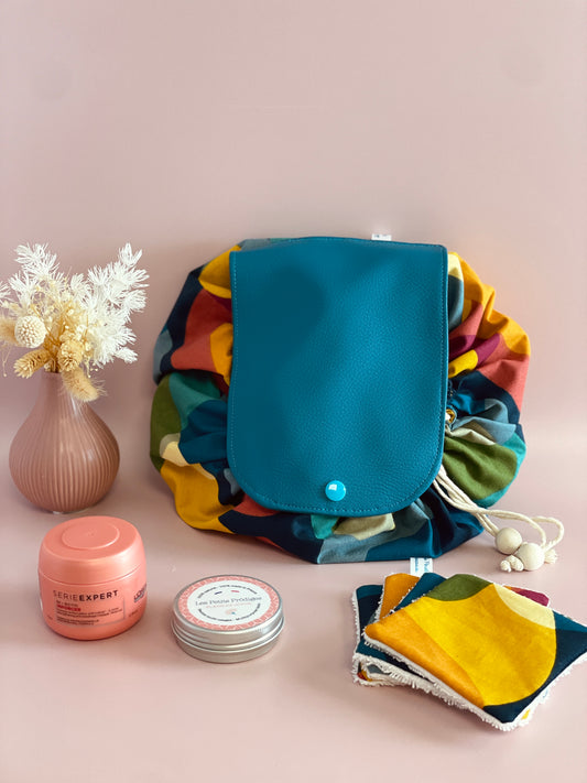 Trousse bourse bleu et moutarde