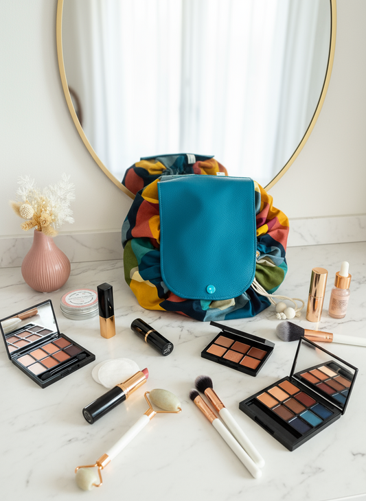 Trousse bourse bleu et moutarde