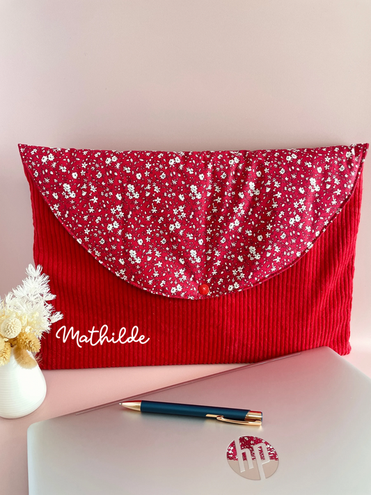 Pochette ordinateur PC rouge et fleurs