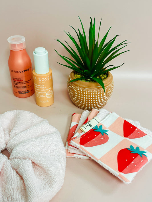 Fleur de Douche & 5 Lingettes Lavables - Kit Zéro Déchet Fraise